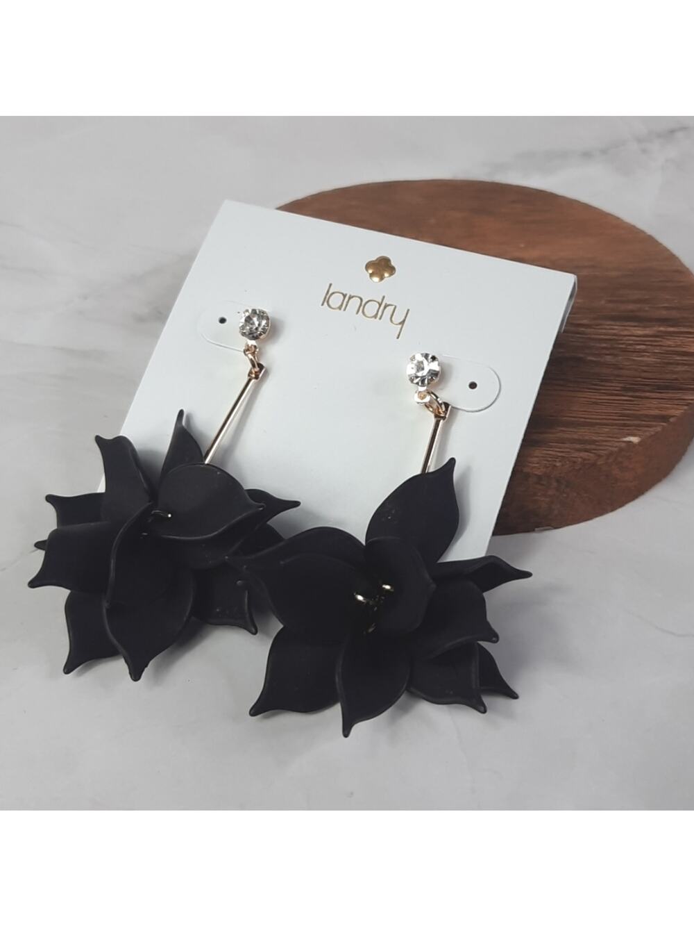 Landry Gold & Black Floral Drop Earrings
